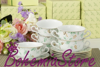 Чашки для Супа на 6 персон 350 мл с блюдцами 17 см Мэри-Энн (Mary-Anne) Зеленые Листья Чехия